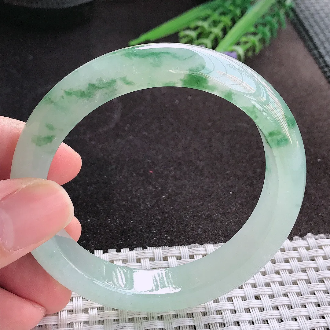 天然A货翡翠58/13/8.8老坑冰透果冻胶冰飘花手镯宽边玉镯