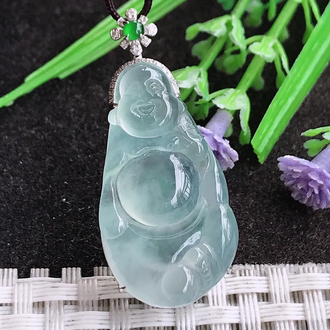 天然A货翡翠38.4/17.6/7.5老坑18k金镶嵌冰种佛公吊坠翡翠白冰玉佛挂件