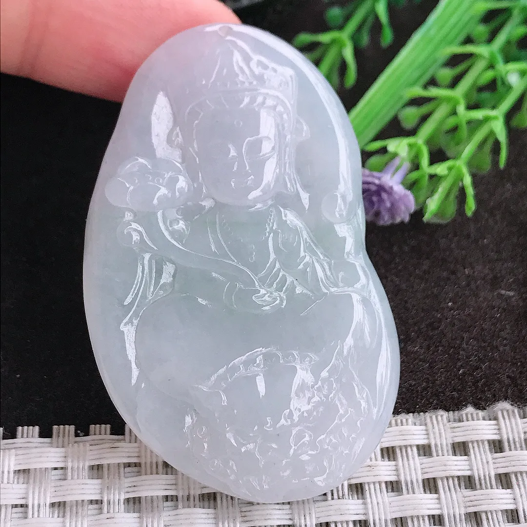 天然A货翡翠54.5/33.8/5.8老坑秀气冰润文殊菩萨吊坠翡翠挂件