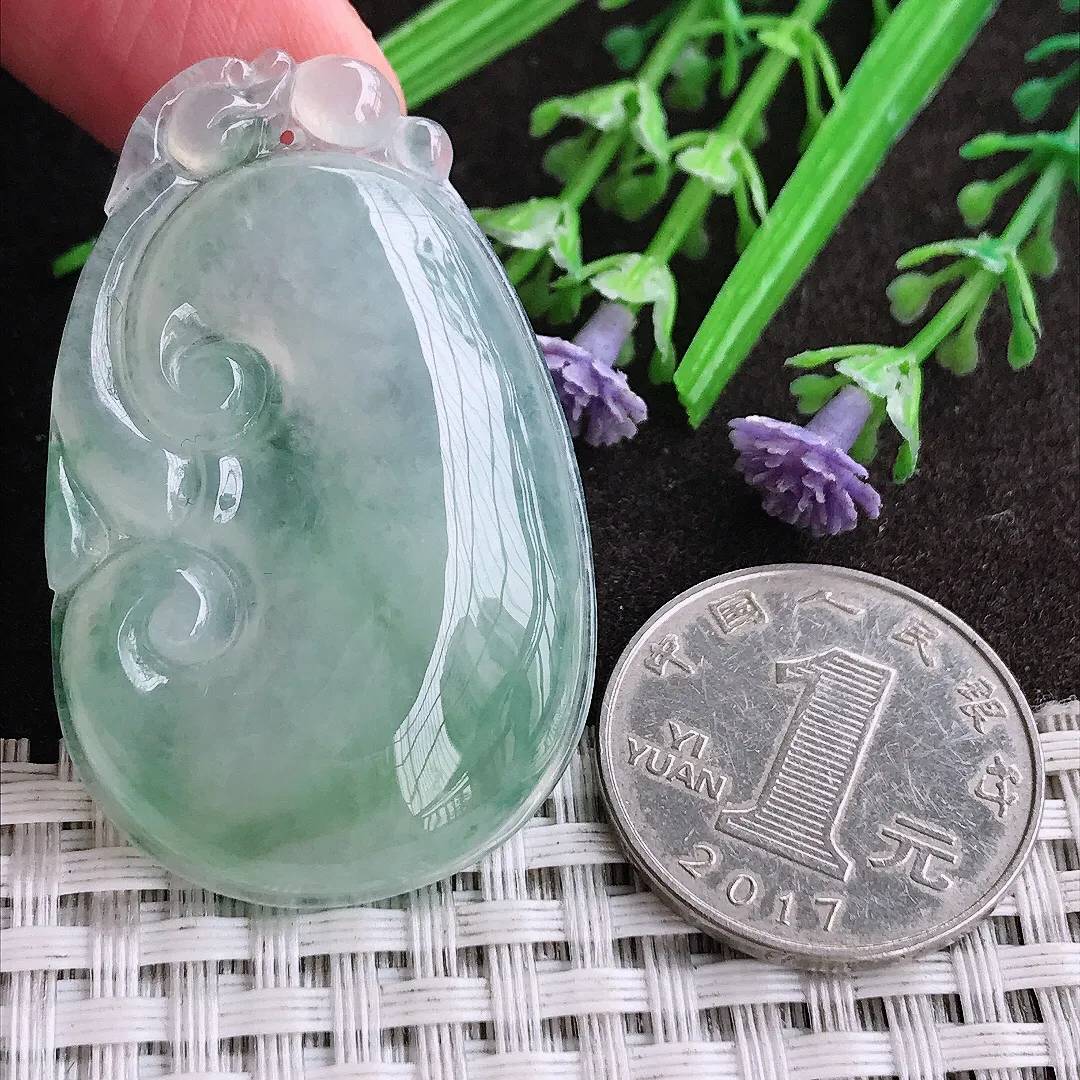 天然A货翡翠45.6/29/5.9老坑冰种果冻胶飘花如意吊坠翡翠挂件