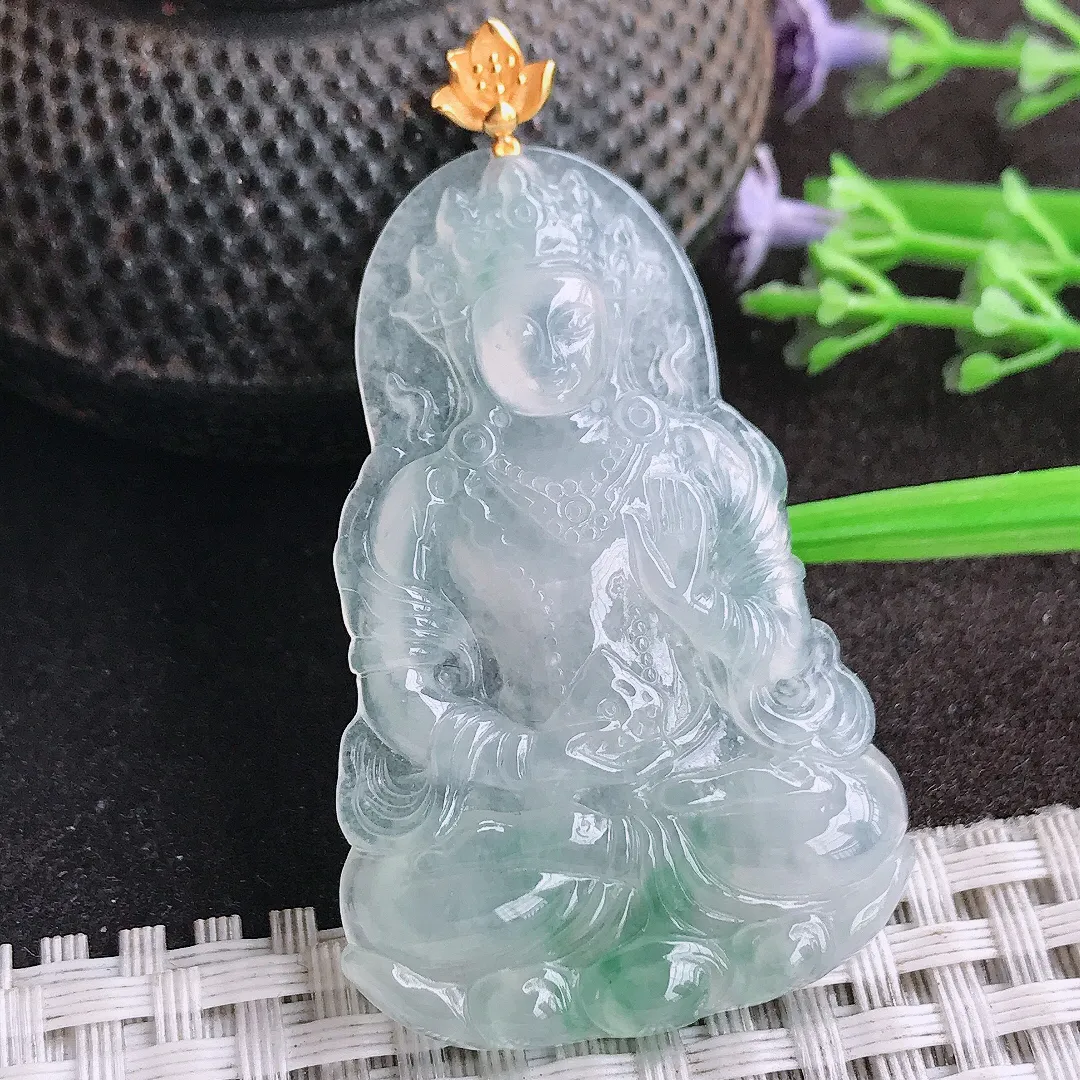 天然A货翡翠48/31.3/4.7老坑18k金镶嵌冰飘花渡母菩萨吊坠翡翠挂件