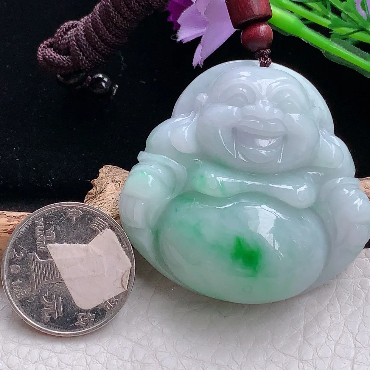 zen实拍46.8*48*14缅甸天然翡翠飘绿大佛公吊坠 大肚弥勒佛像玉坠
