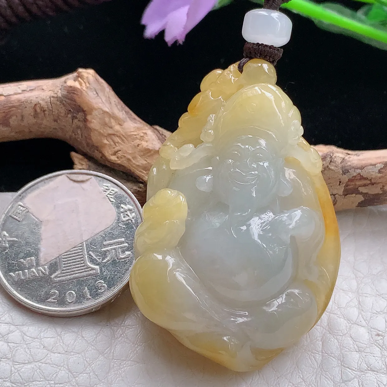 yl实拍46.8*31.8*19.6缅甸天然翡翠黄翡财神爷吊坠 冰润巧雕招财玉坠
