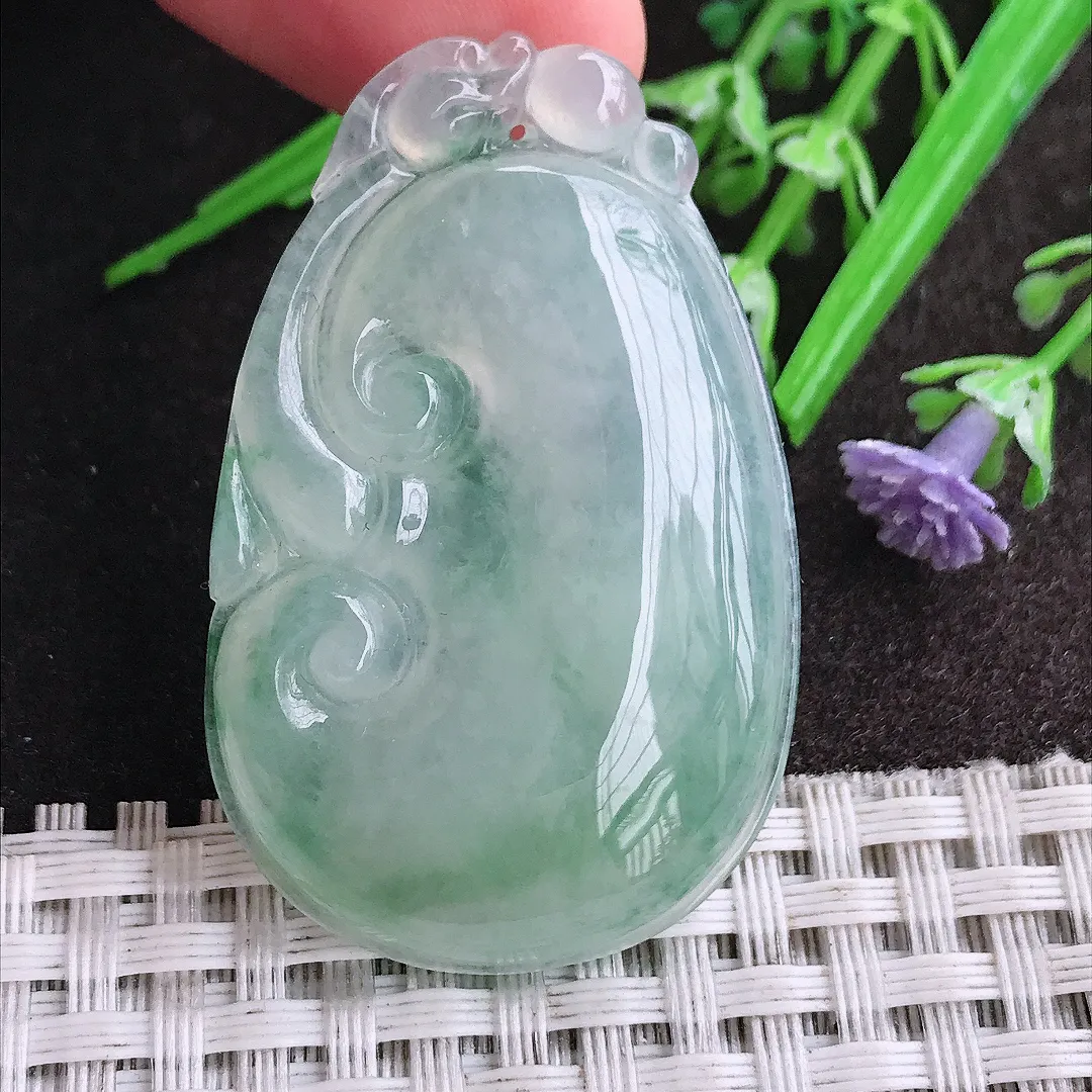 天然A货翡翠45.6/29/5.9老坑冰种果冻胶飘花如意吊坠翡翠挂件