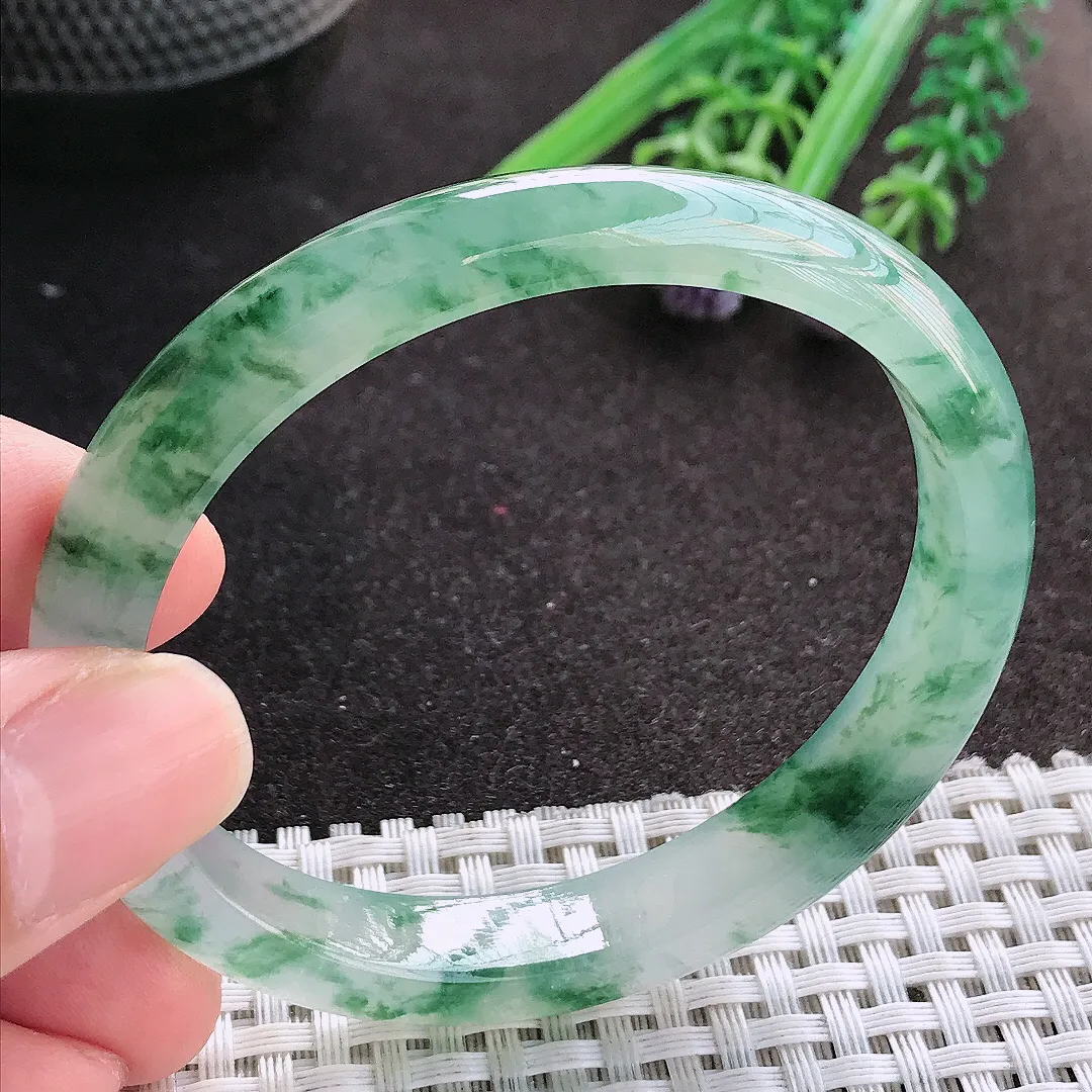 天然A货翡翠55.5/49.8/10/7老坑冰胶果冻冰飘花贵妃手镯宽边玉镯