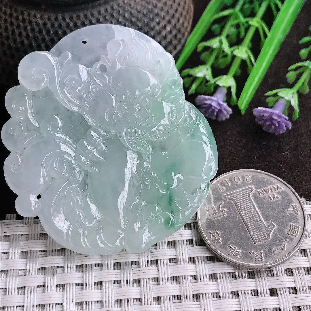 天然A货翡翠50.5/46/5.7老坑冰胶果冻飘花钟馗吊坠翡翠挂件