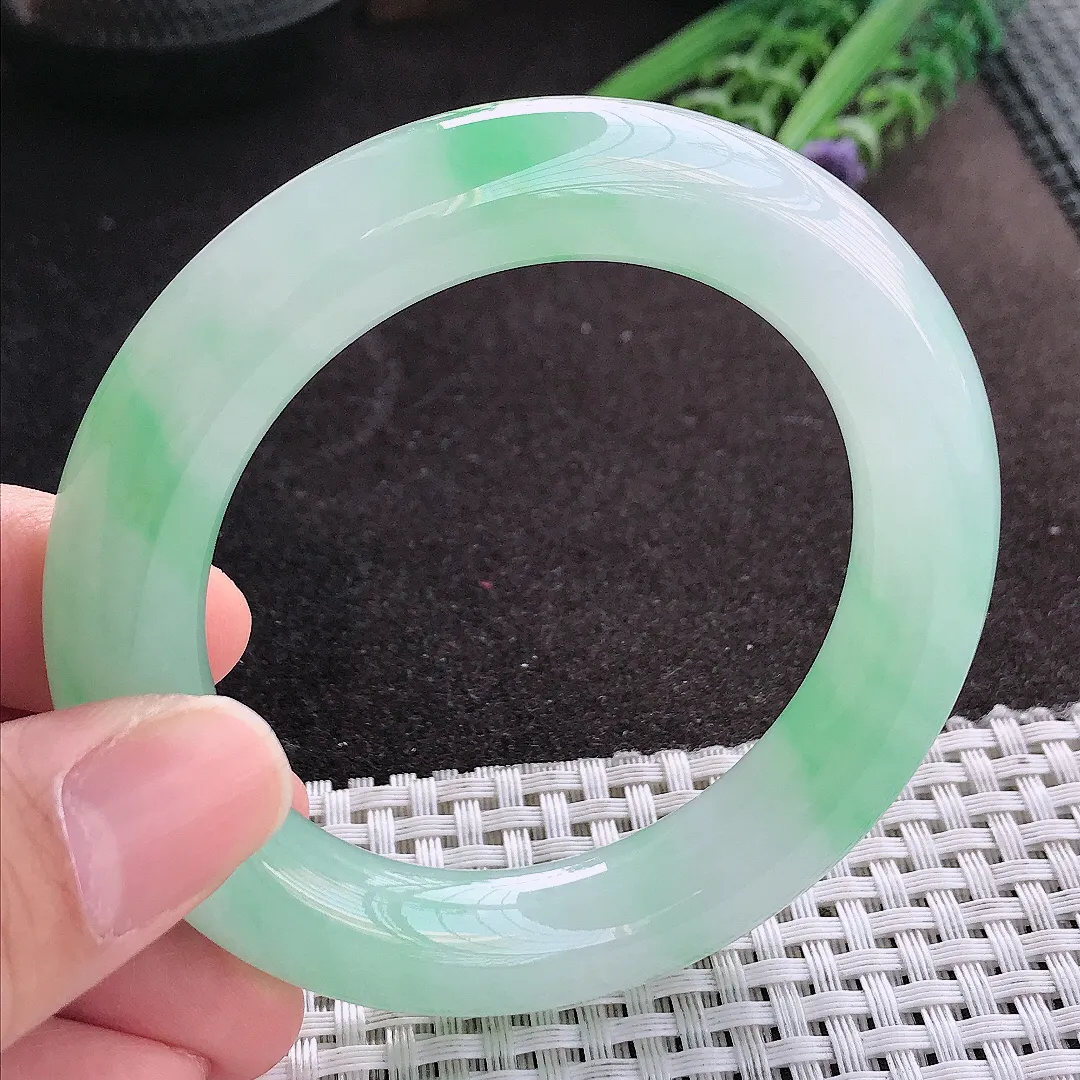 天然A货翡翠54/11.9老坑冰胶果冻冰甜绿胖圆条手镯收藏级翡翠玉镯