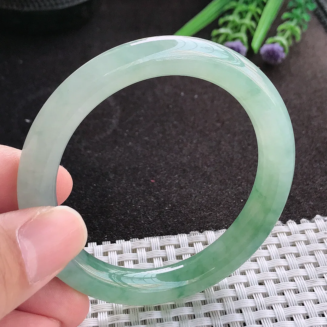 天然A货翡翠52.8/9.3/9.2老坑冰胶果冻冰晴飘花圆条手镯翡翠玉镯