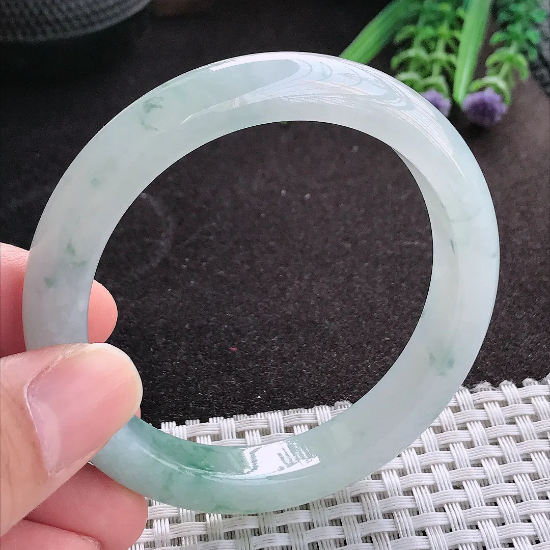 天然A货翡翠55.5/11/8.5老坑冰胶水灵飘花手镯宽边玉镯