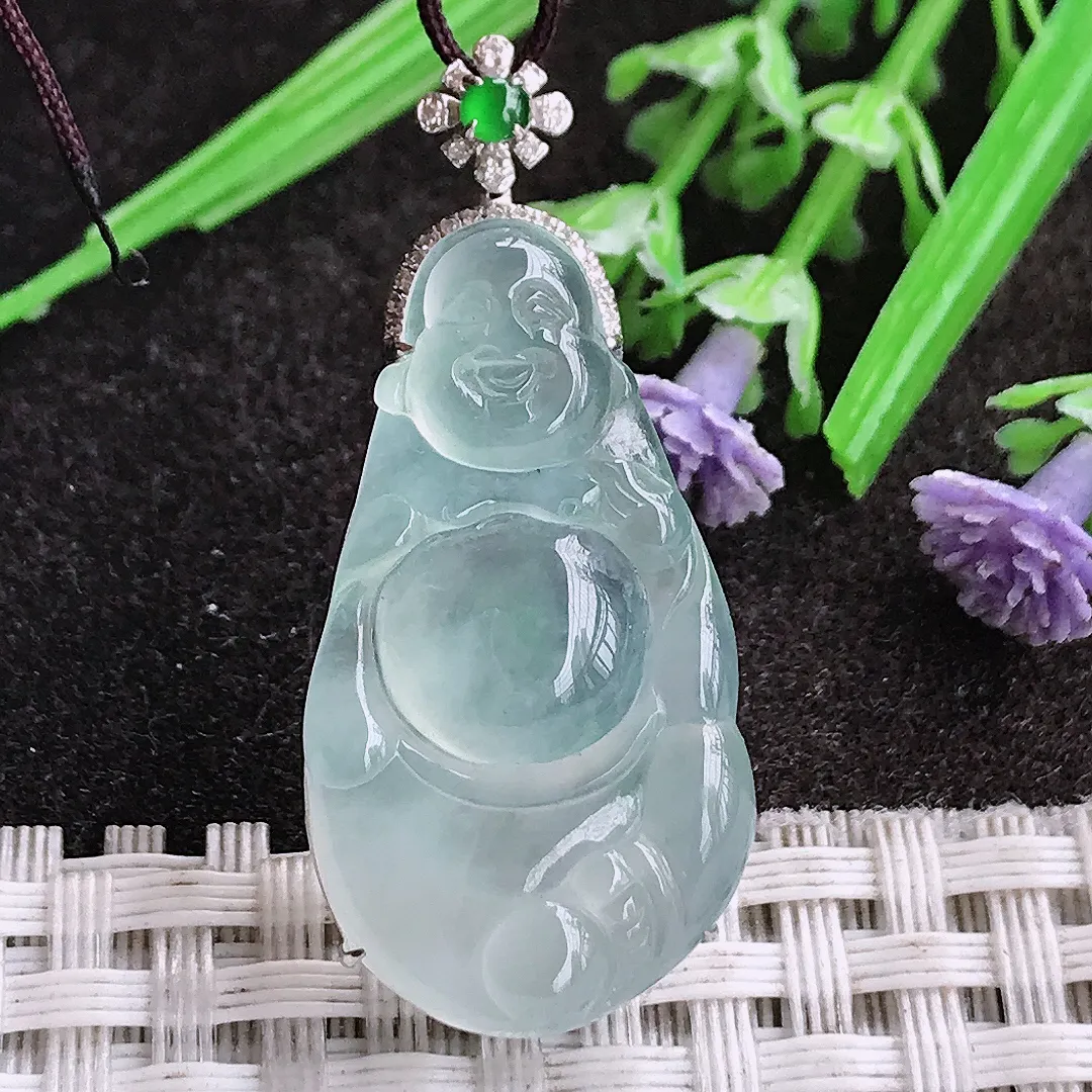 天然A货翡翠38.4/17.6/7.5老坑18k金镶嵌冰种佛公吊坠翡翠白冰玉佛挂件