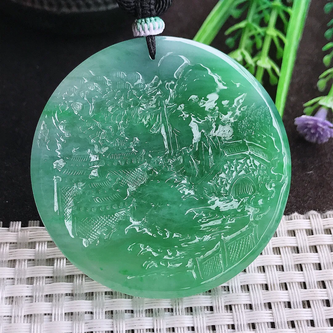 天然A货翡翠54.2/6老坑冰胶水灵满绿山水牌圆牌吊坠翡翠挂件