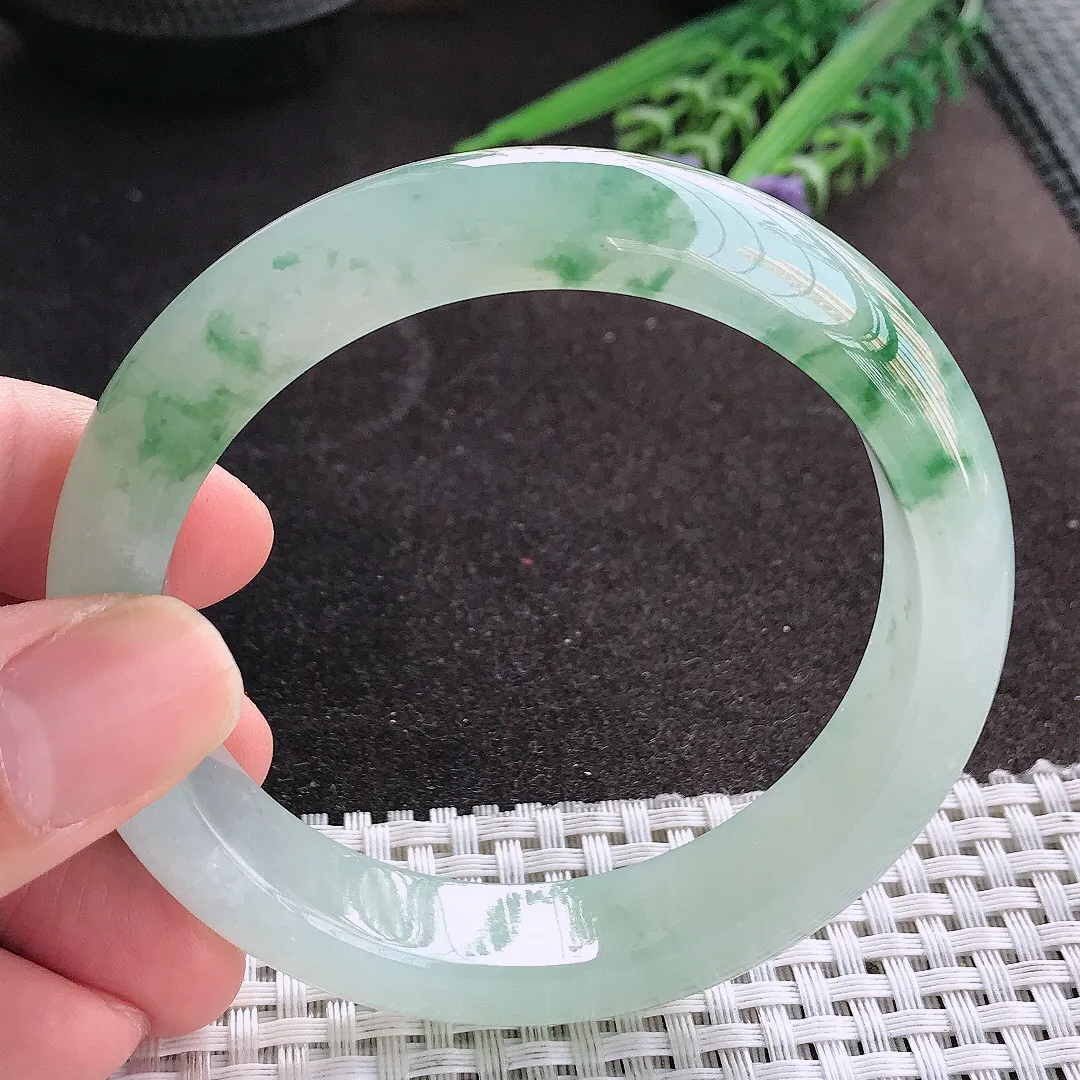 天然A货翡翠58/13/8.8老坑冰透果冻胶冰飘花手镯宽边玉镯