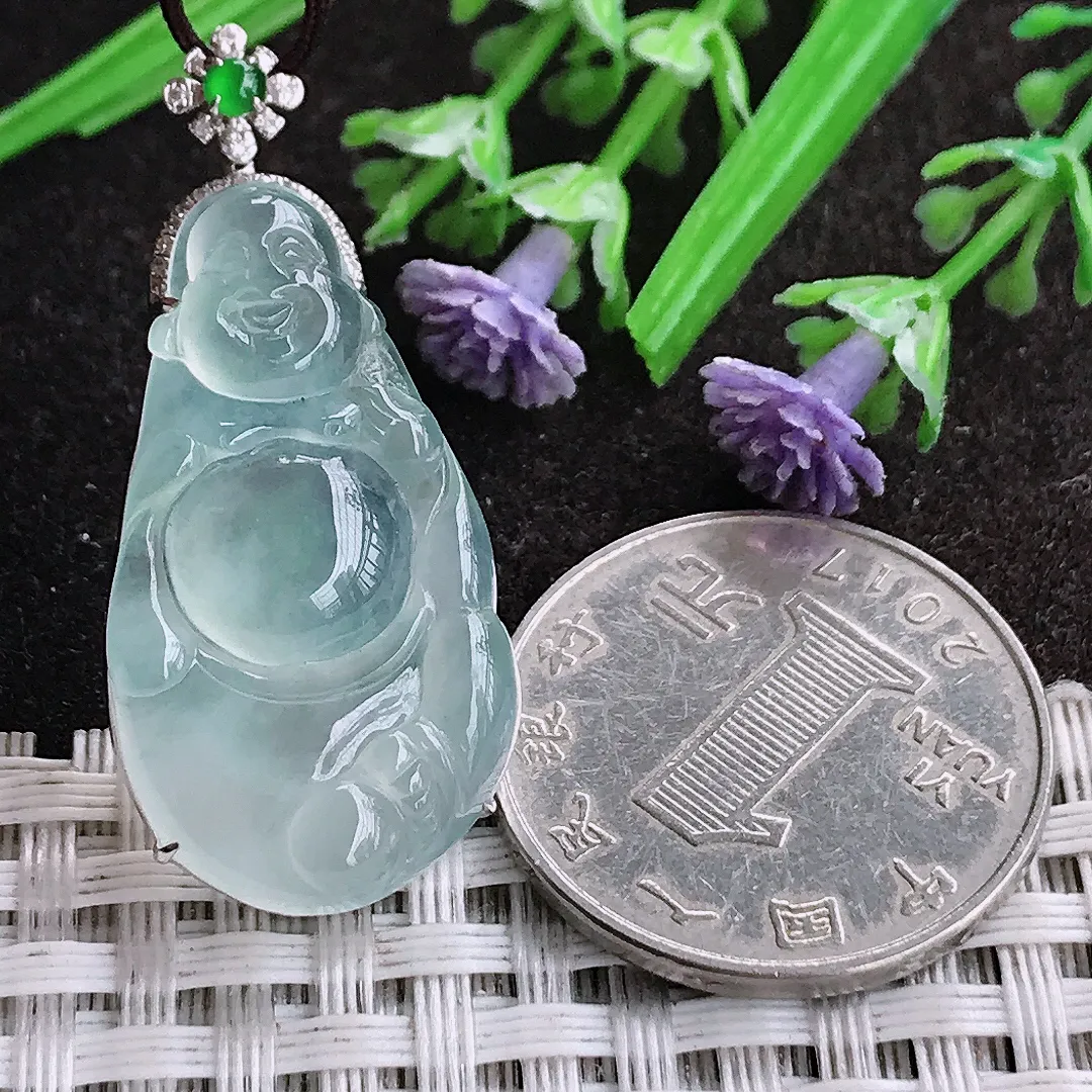 天然A货翡翠38.4/17.6/7.5老坑18k金镶嵌冰种佛公吊坠翡翠白冰玉佛挂件