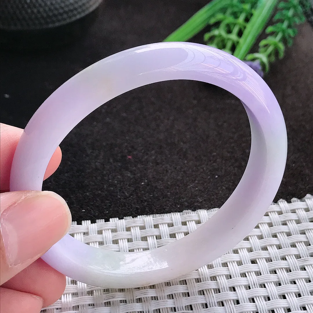 天然A货翡翠56/49.8/12.3/7.5老坑精美温润浓郁紫罗兰贵妃手镯宽边玉镯