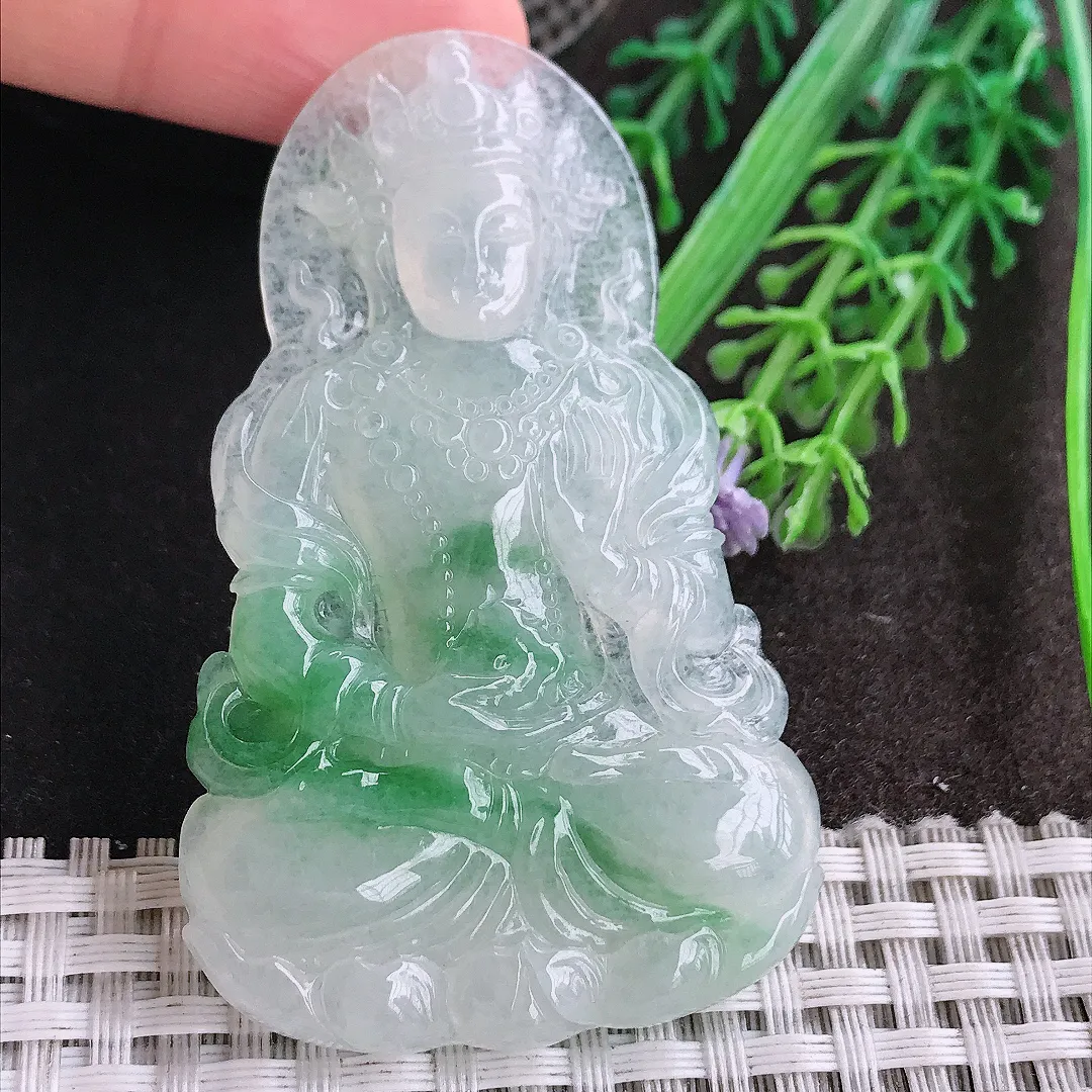 天然A货翡翠63.9/40/6老坑精美冰胶飘绿渡母菩萨吊坠翡翠挂件