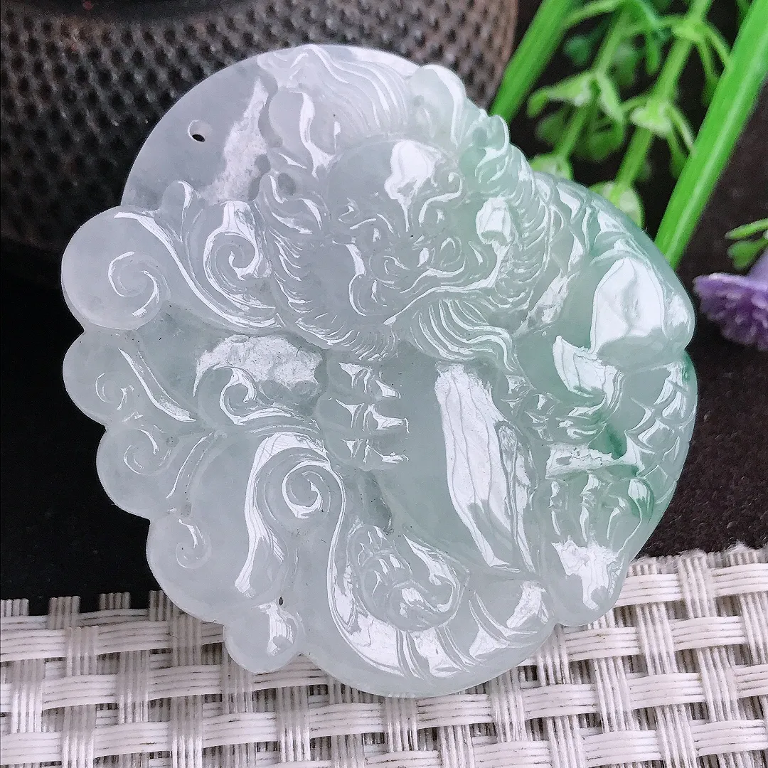 天然A货翡翠50.5/46/5.7老坑冰胶果冻飘花钟馗吊坠翡翠挂件