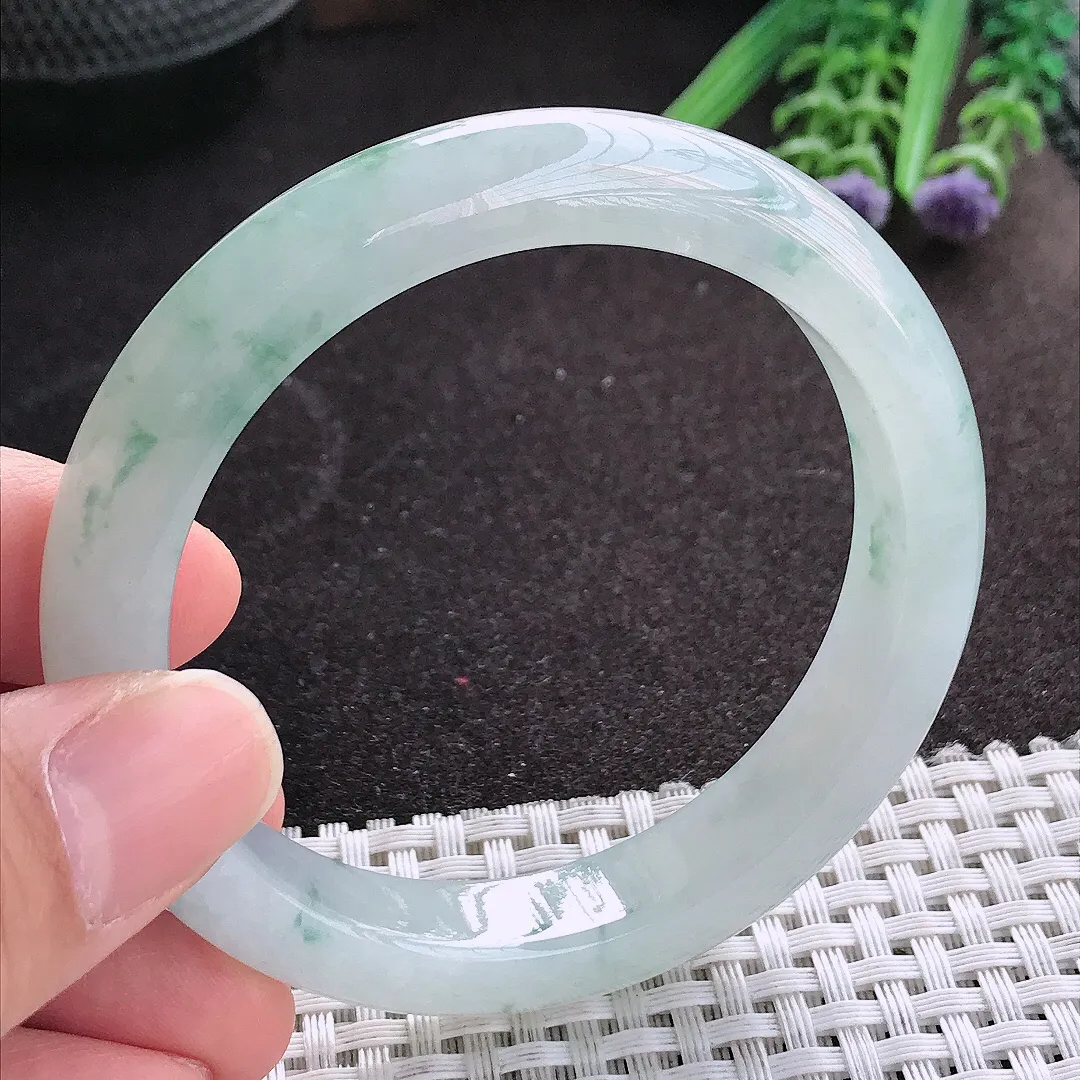 天然A货翡翠55.5/11/8.5老坑冰胶水灵飘花手镯宽边玉镯