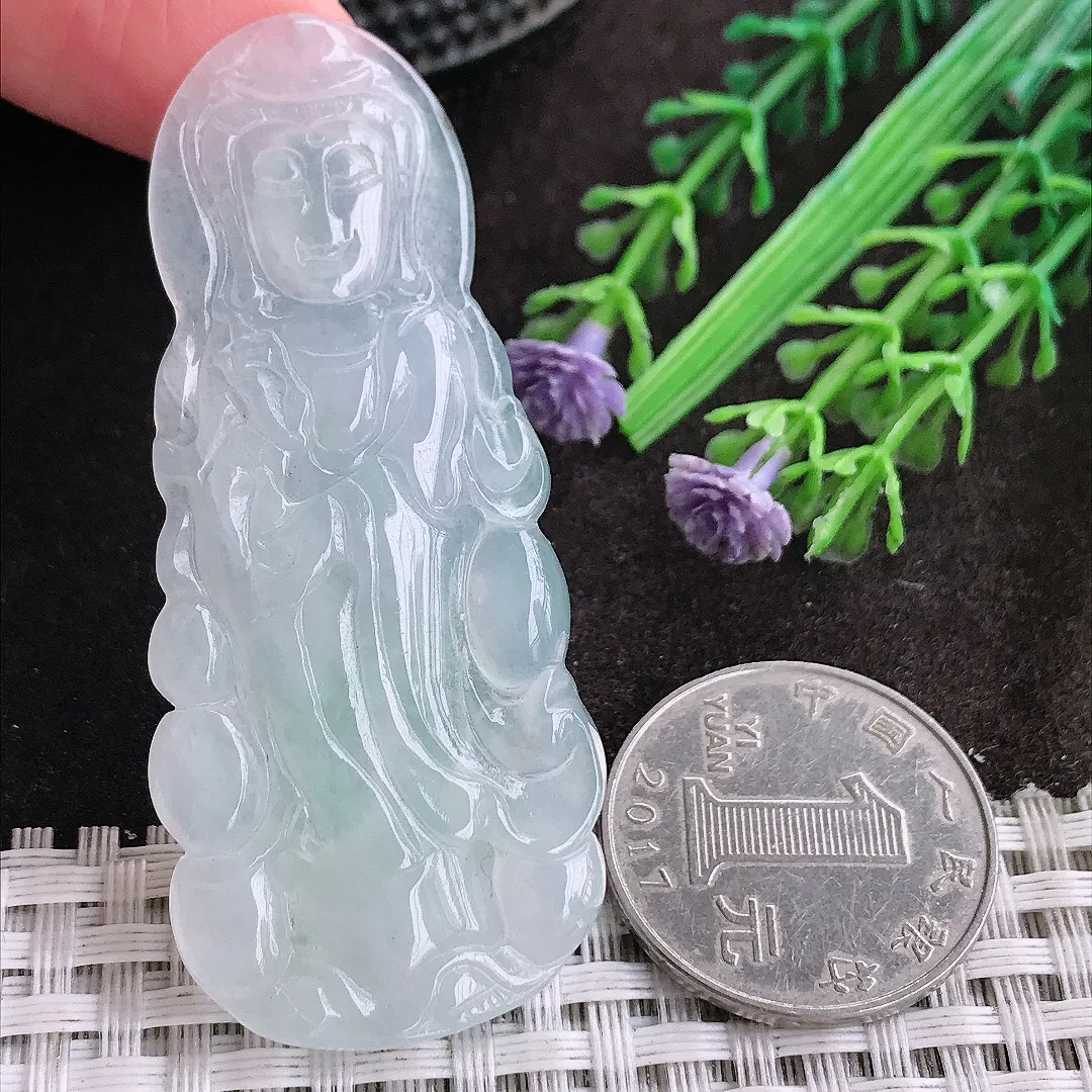 天然A货翡翠61.6/27.2/5老坑冰透起胶冰晴站观音吊坠翡翠玉观音挂件