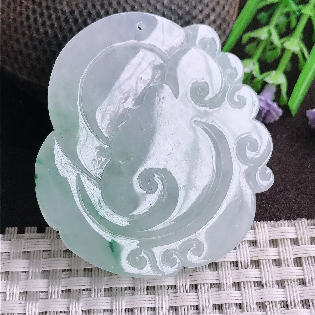 天然A货翡翠50.5/46/5.7老坑冰胶果冻飘花钟馗吊坠翡翠挂件