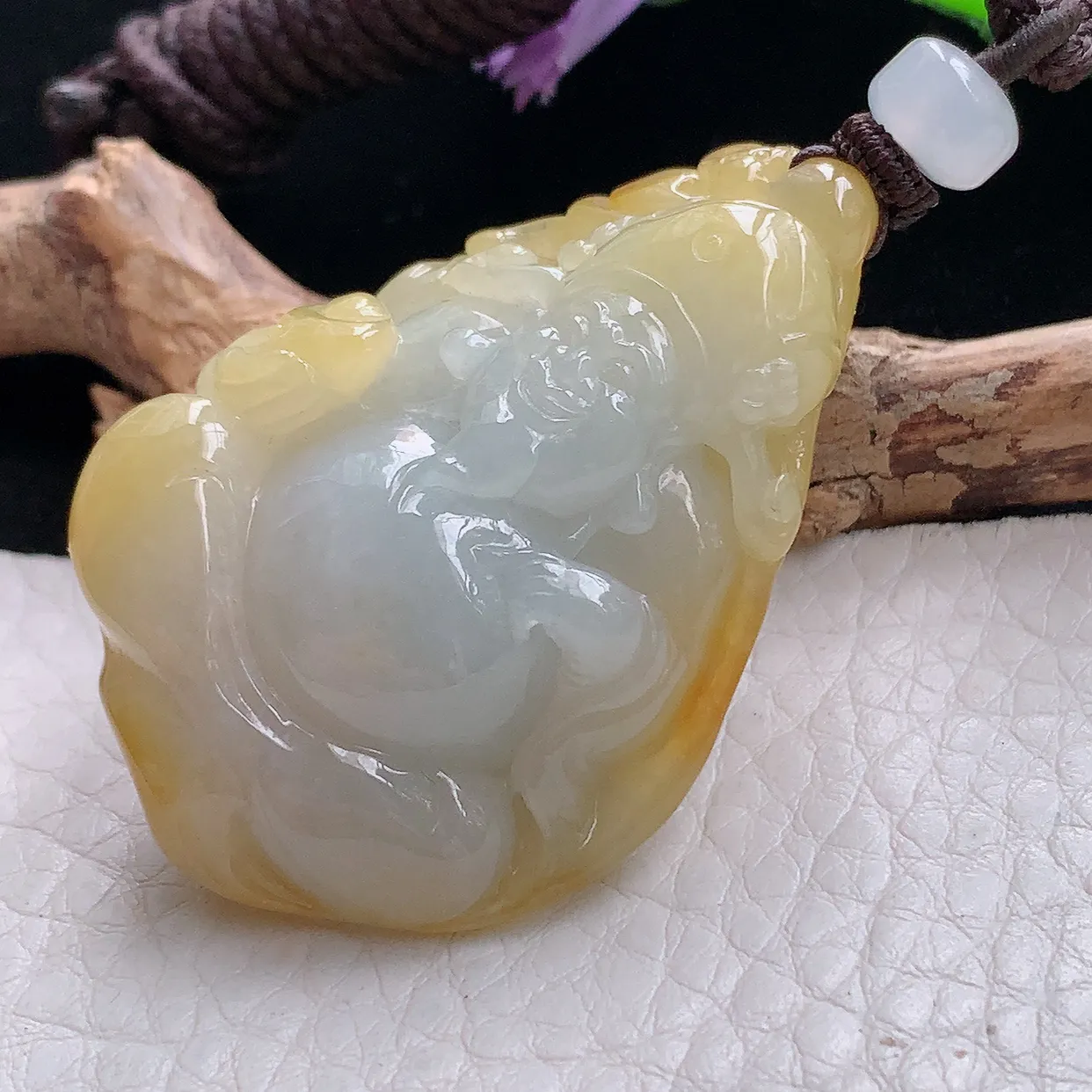 yl实拍46.8*31.8*19.6缅甸天然翡翠黄翡财神爷吊坠 冰润巧雕招财玉坠