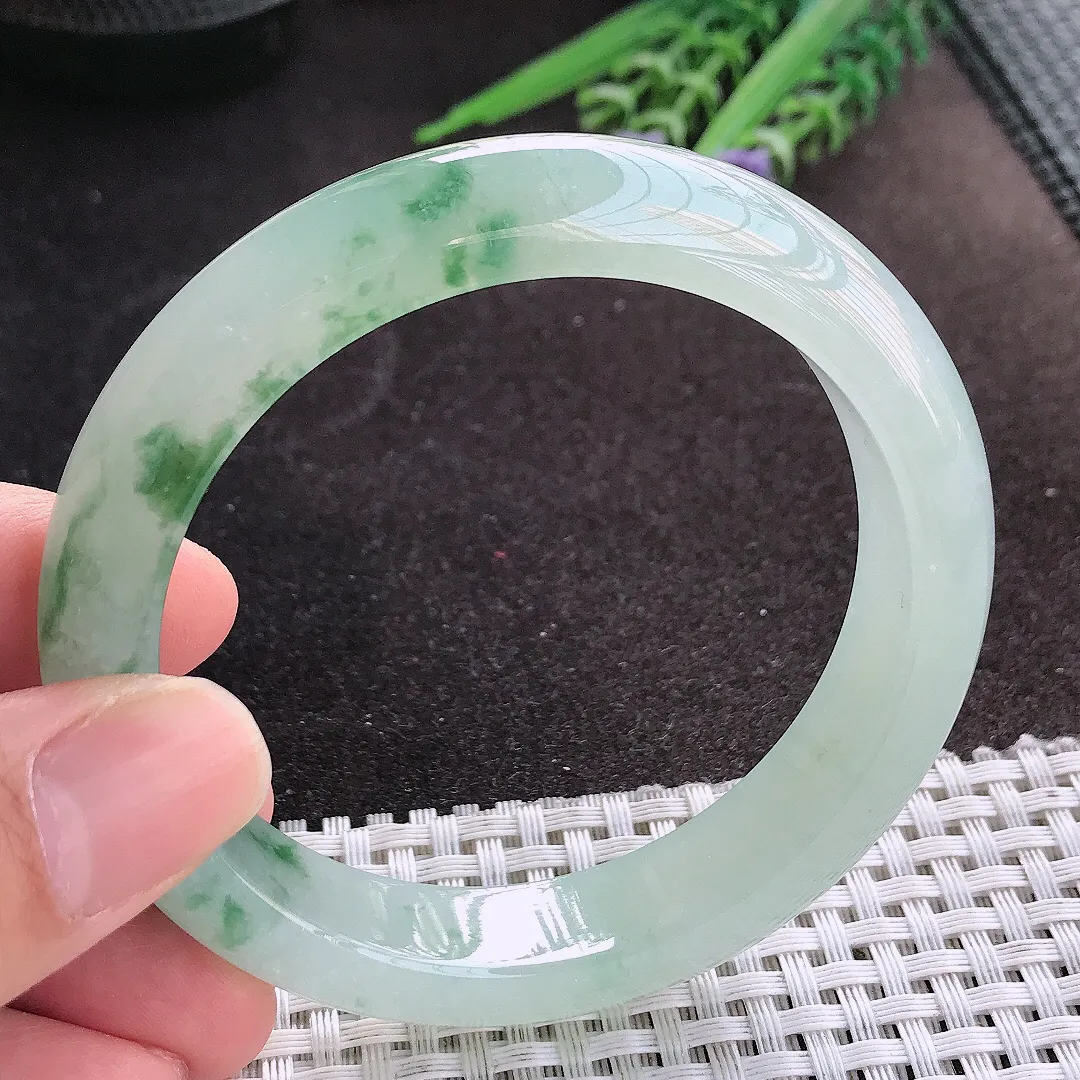 天然A货翡翠58/13/8.8老坑冰透果冻胶冰飘花手镯宽边玉镯