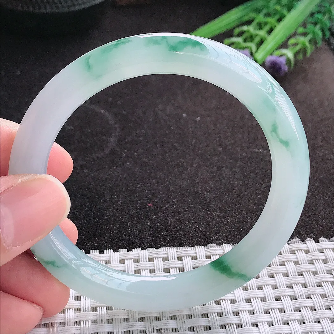 天然A货翡翠55/8.8/9.2老坑冰胶果冻飘花手镯蓝花宽边玉镯