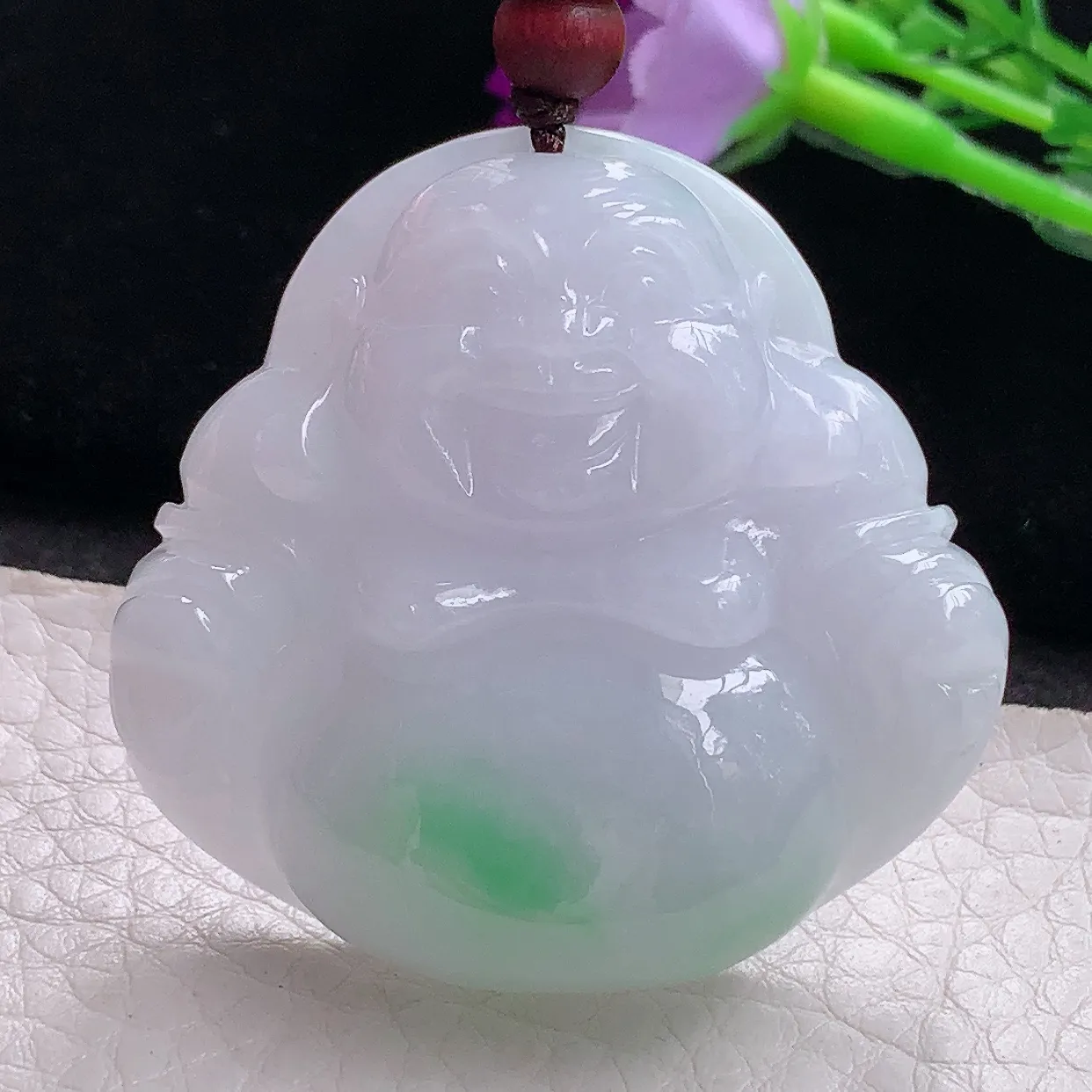 zen实拍41.8*43.6*12缅甸天然翡翠飘绿大佛公吊坠 白底青大肚弥勒佛像玉坠