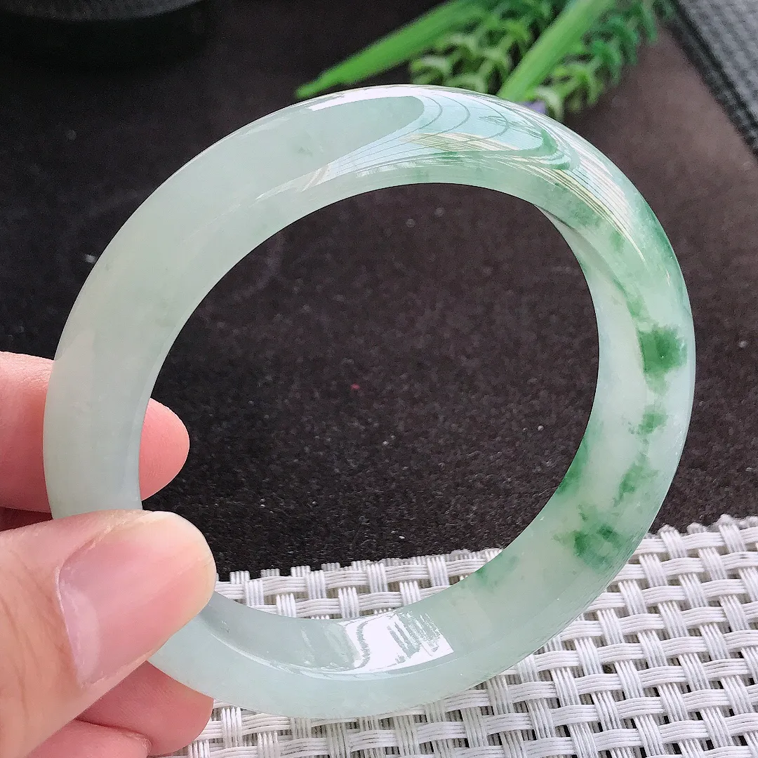 天然A货翡翠58/13/8.8老坑冰透果冻胶冰飘花手镯宽边玉镯