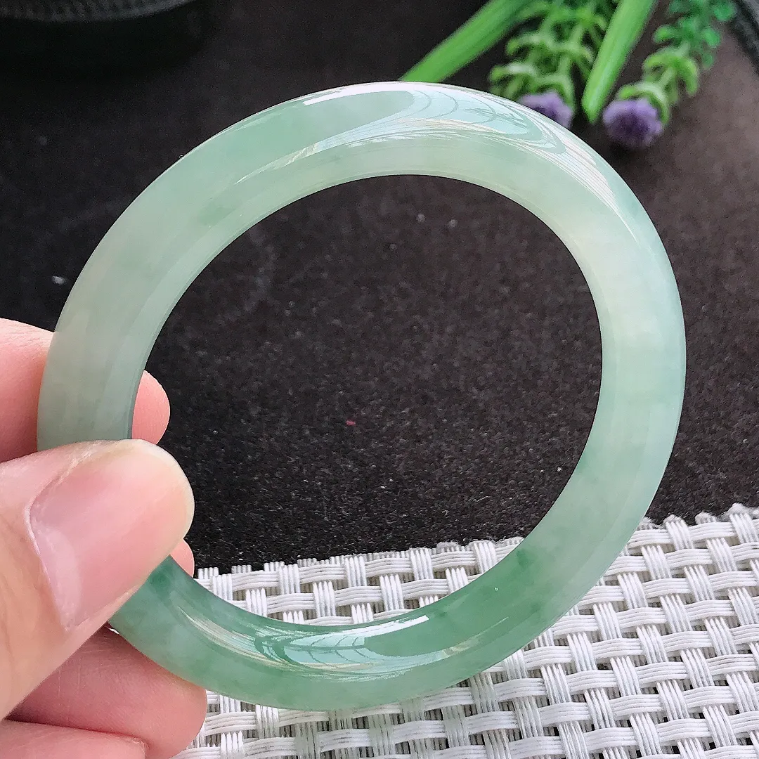 天然A货翡翠52.8/9.3/9.2老坑冰胶果冻冰晴飘花圆条手镯翡翠玉镯