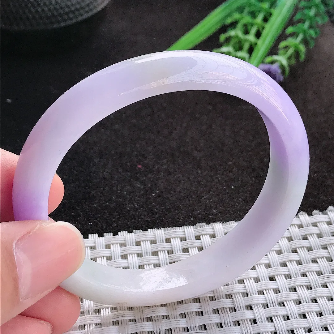 天然A货翡翠56/49.8/12.3/7.5老坑精美温润浓郁紫罗兰贵妃手镯宽边玉镯