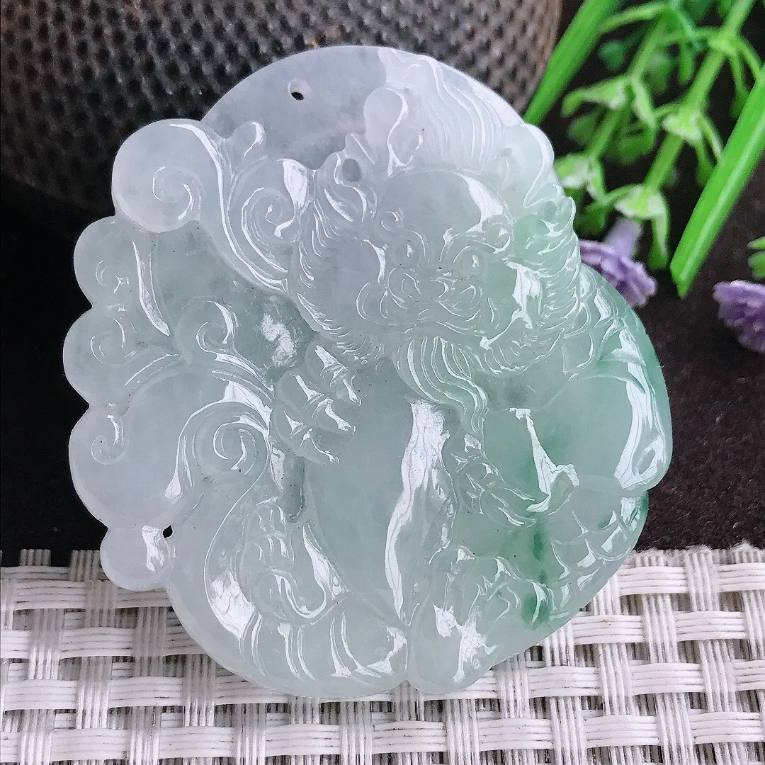 天然A货翡翠50.5/46/5.7老坑冰胶果冻飘花钟馗吊坠翡翠挂件