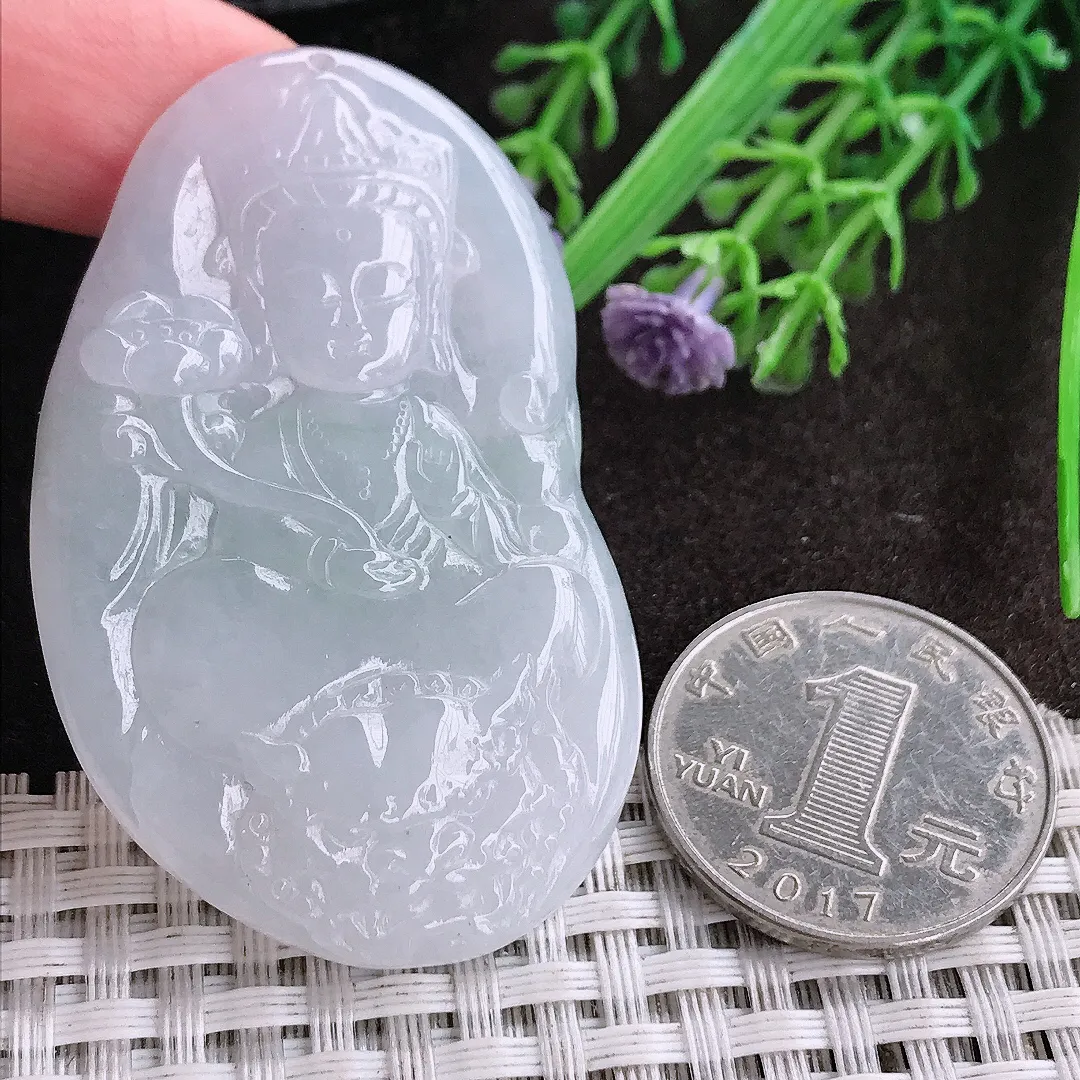 天然A货翡翠54.5/33.8/5.8老坑秀气冰润文殊菩萨吊坠翡翠挂件
