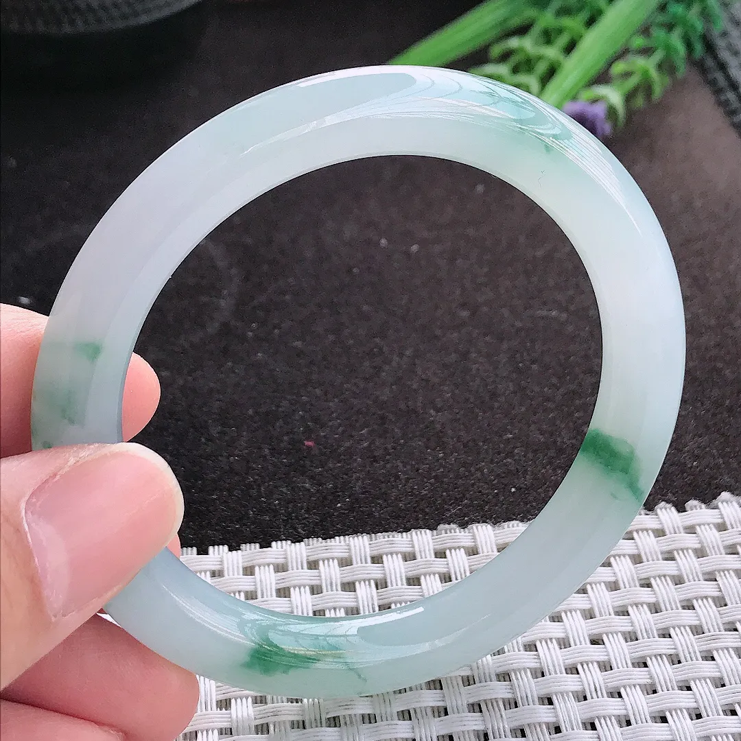 天然A货翡翠55/8.8/9.2老坑冰胶果冻飘花手镯蓝花宽边玉镯