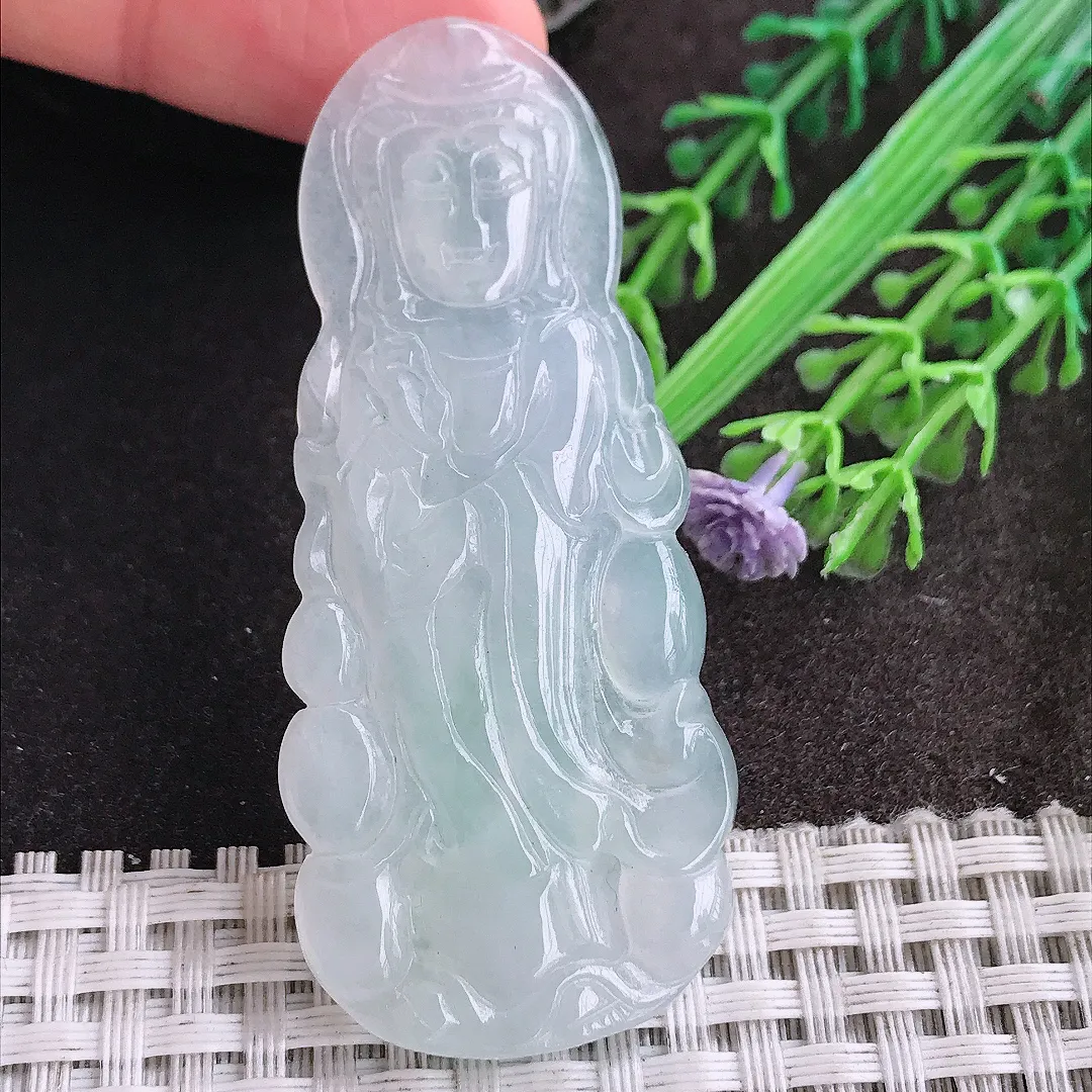 天然A货翡翠61.6/27.2/5老坑冰透起胶冰晴站观音吊坠翡翠玉观音挂件