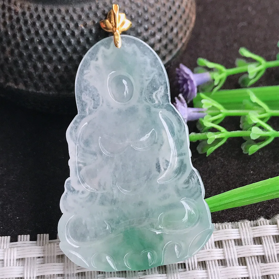 天然A货翡翠48/31.3/4.7老坑18k金镶嵌冰飘花渡母菩萨吊坠翡翠挂件