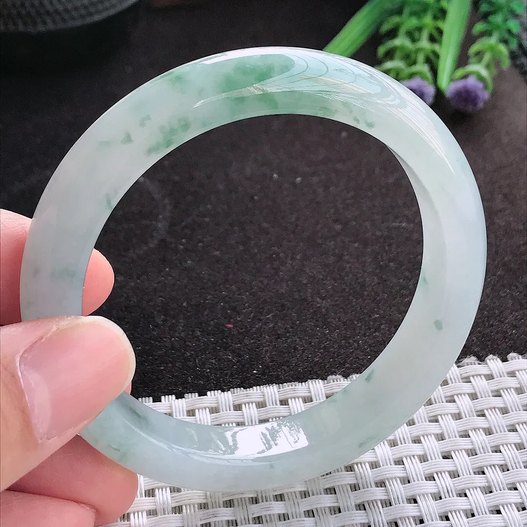 天然A货翡翠55.5/11/8.5老坑冰胶水灵飘花手镯宽边玉镯