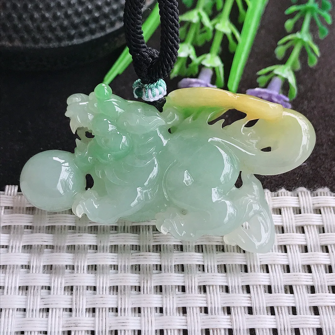 天然A货翡翠54/13.6/28.5老坑精美冰润黄加绿貔貅吊坠翡翠挂件