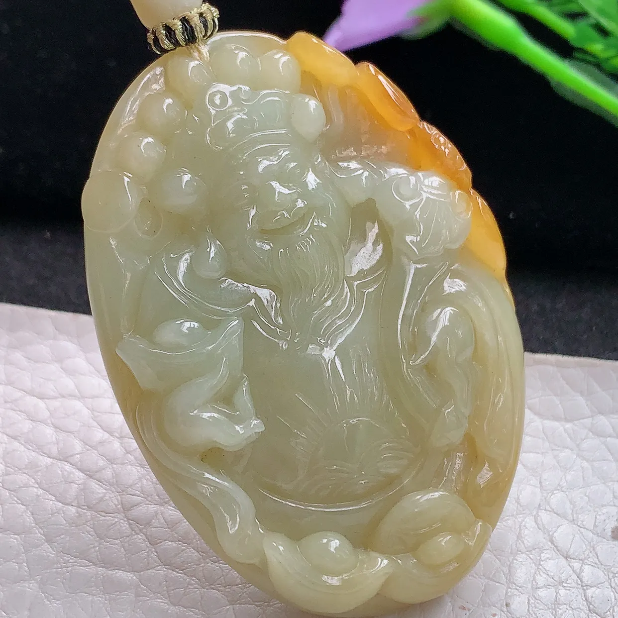 yl实拍59.5*42.6*10.8缅甸天然翡翠黄翡财神爷吊坠 男款厚装招财进宝玉坠