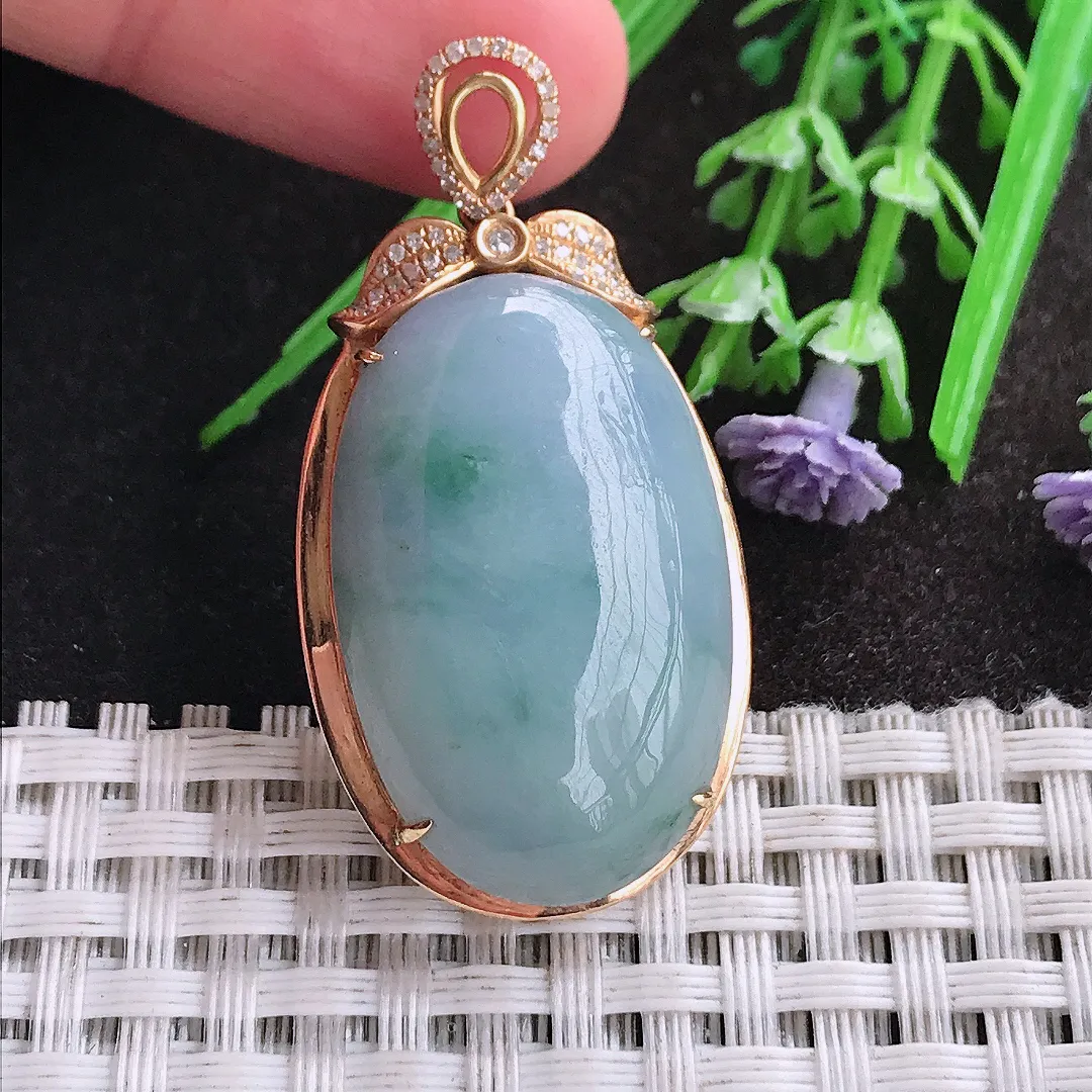 天然A货翡翠44/22.2/9.3老坑18k金镶嵌紫罗兰大蛋面吊坠翡翠鸽子蛋玉坠