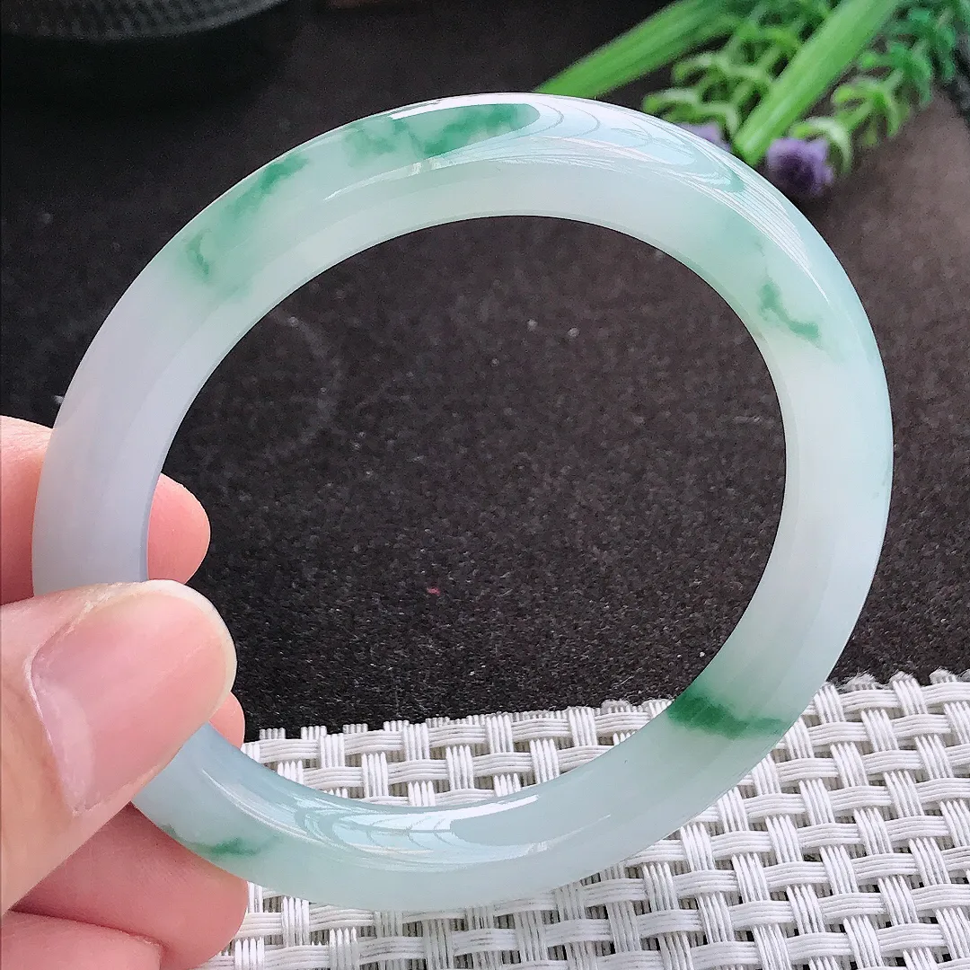 天然A货翡翠55/8.8/9.2老坑冰胶果冻飘花手镯蓝花宽边玉镯