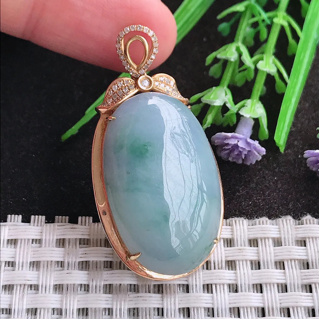 天然A货翡翠44/22.2/9.3老坑18k金镶嵌紫罗兰大蛋面吊坠翡翠鸽子蛋玉坠