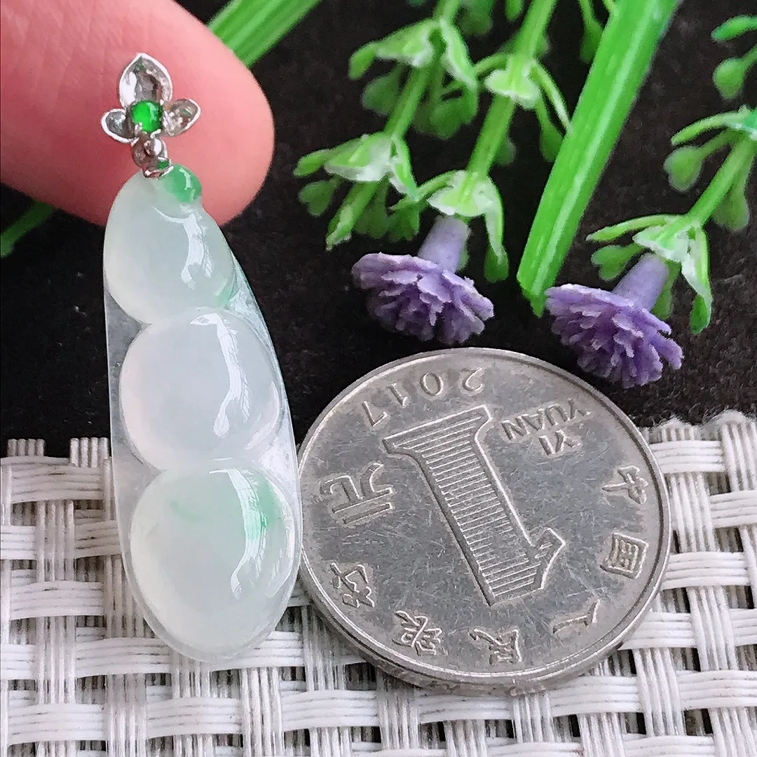 天然A货翡翠30.8/11.6/6老坑18k金镶嵌冰种起胶飘绿四季豆吊坠翡翠挂件