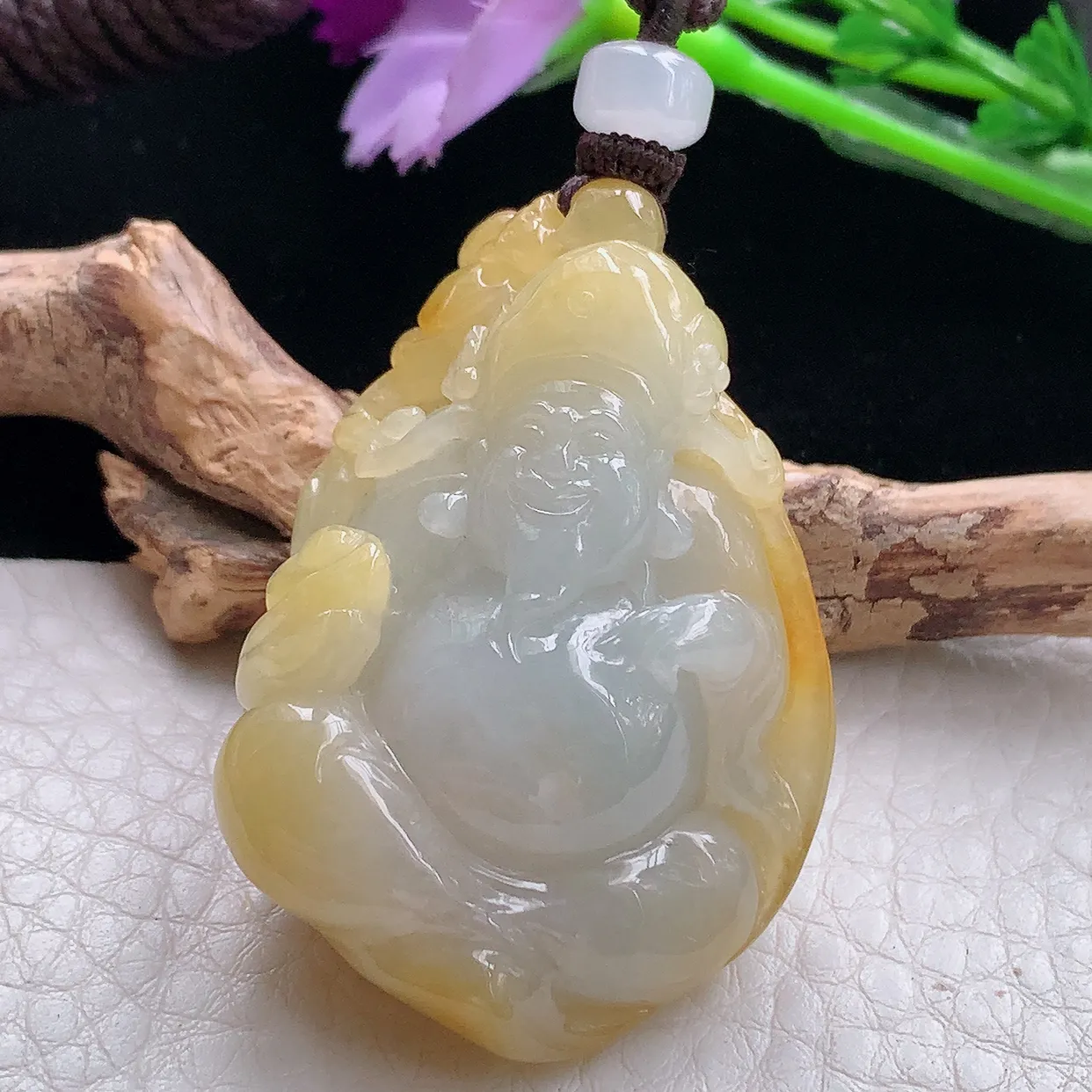 yl实拍46.8*31.8*19.6缅甸天然翡翠黄翡财神爷吊坠 冰润巧雕招财玉坠