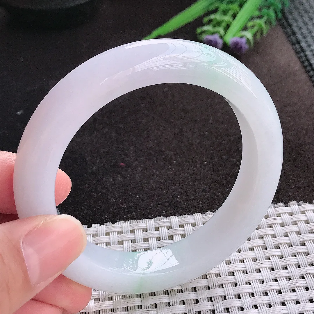 天然A货翡翠56/12/9.8老坑清秀冰润白底青飘绿手镯宽边玉镯手环