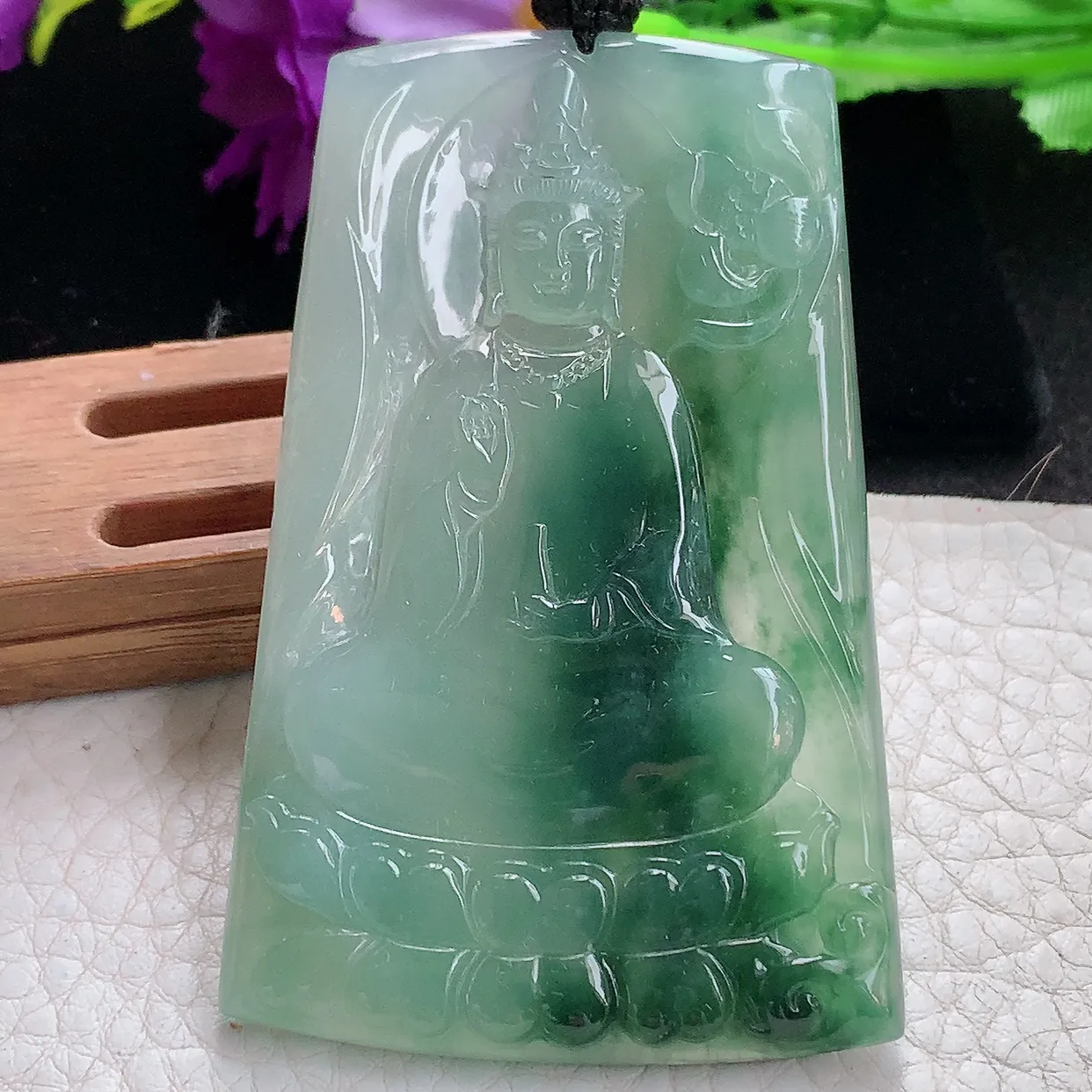 yl实拍68.5*43.6*5缅甸天然翡翠精雕冰飘花持瓶观音 净瓶观意玉吊坠