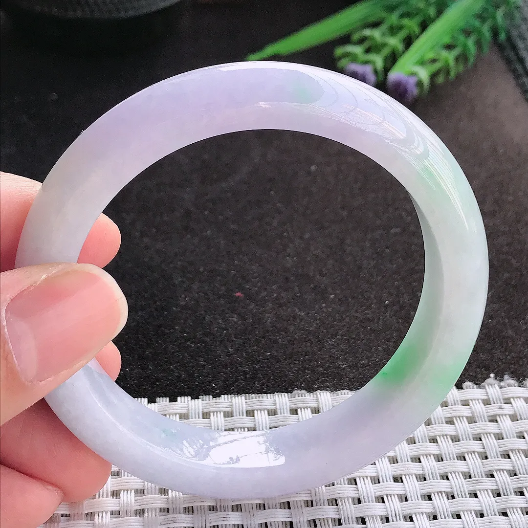 天然A货翡翠58/12/9老坑精美温润春带彩手镯紫罗兰宽边玉镯手环