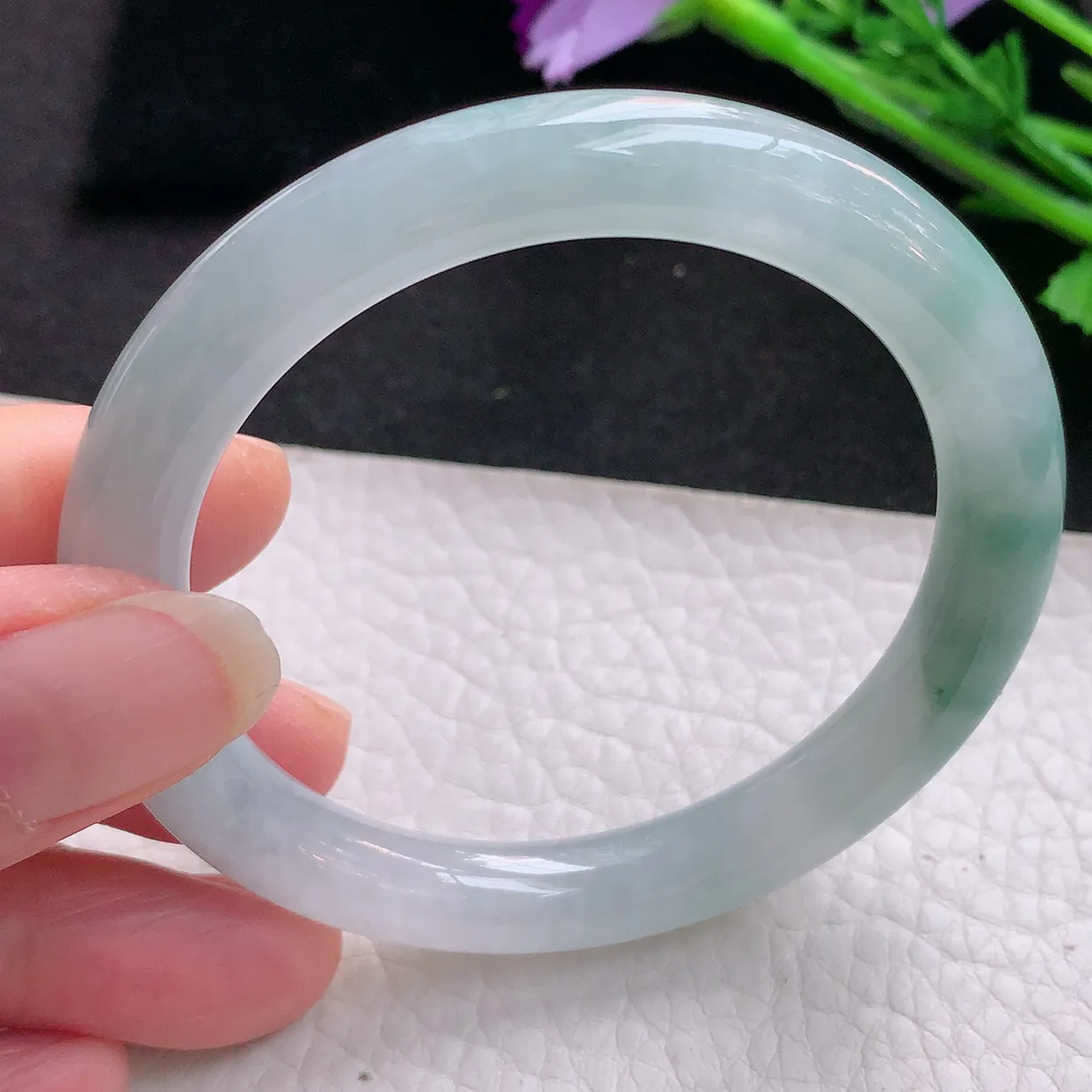 xh自然光53*8.6美人镯 翡翠玉手镯冰飘花圆条玉手环 美人镯