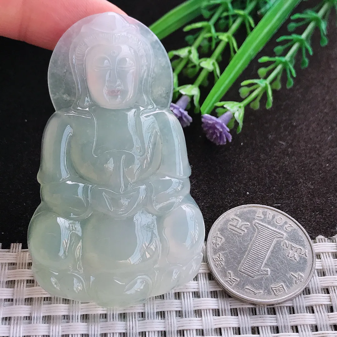 天然A货翡翠65/39.5/6.3老坑冰胶果冻冰晴正装观音吊坠翡翠挂件