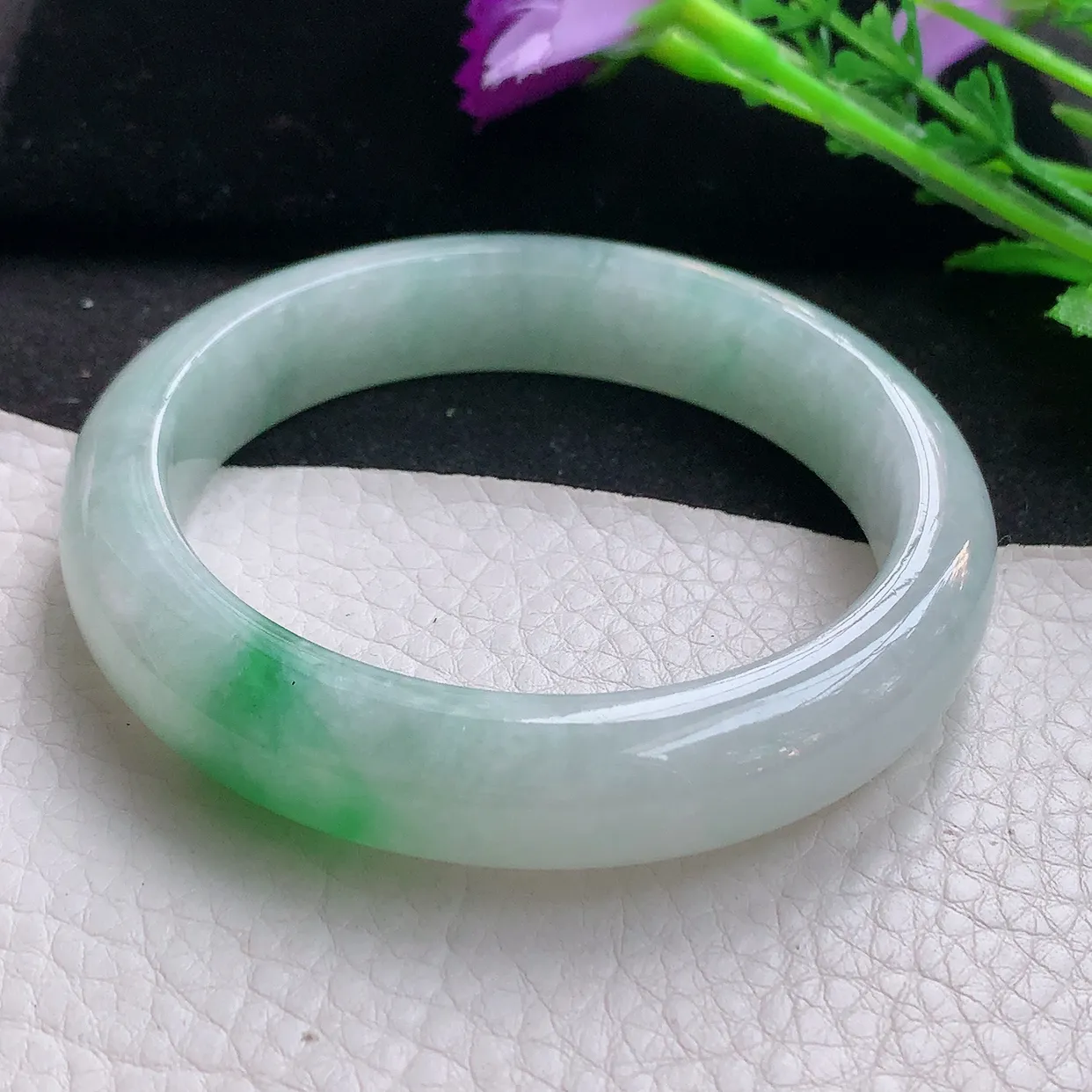 yh自然光58*13*8.5平安镯 翡翠玉手镯冰飘绿花宽边玉手环 美人镯