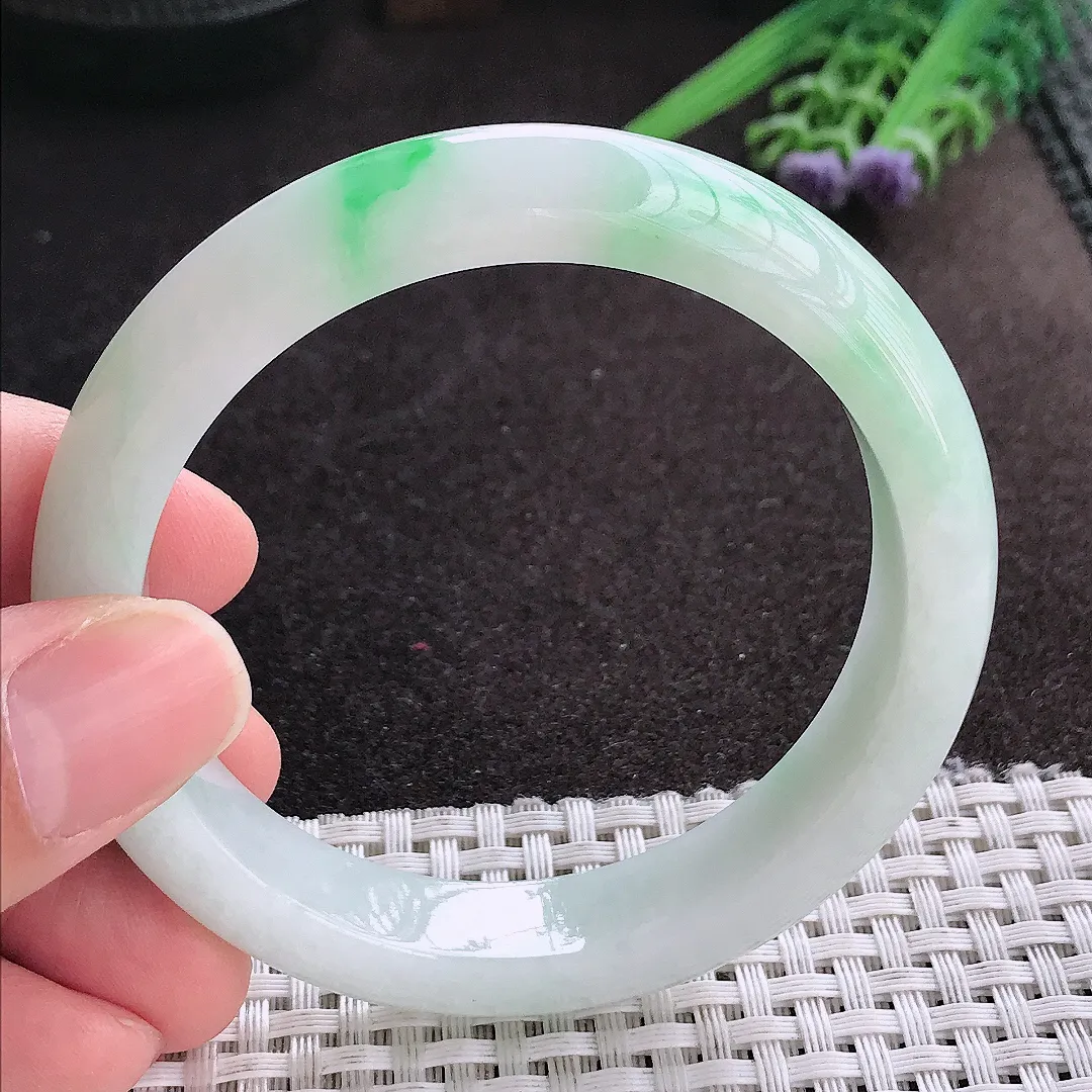 天然A货翡翠56.5/12.1/8.6老坑冰润水灵飘阳绿手镯宽边玉镯手环